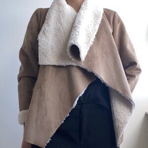 Lauren Ralph Lauren Brown Faux Shearling Open Draped Waterfall Jacket Size S